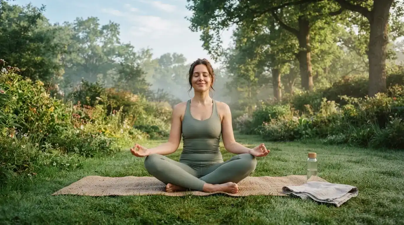 Persona practica yoga al aire libre en un jardín verde por la mañana, respirando con calma y los ojos cerrados.