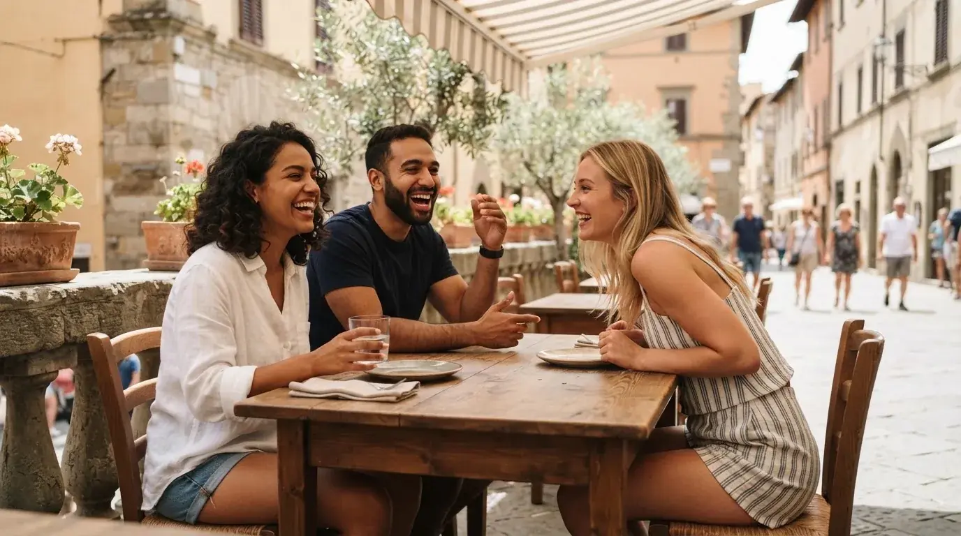 Grupo de tres amigos conversa animadamente alrededor de una mesa de madera en una terraza al aire libre durante el día.