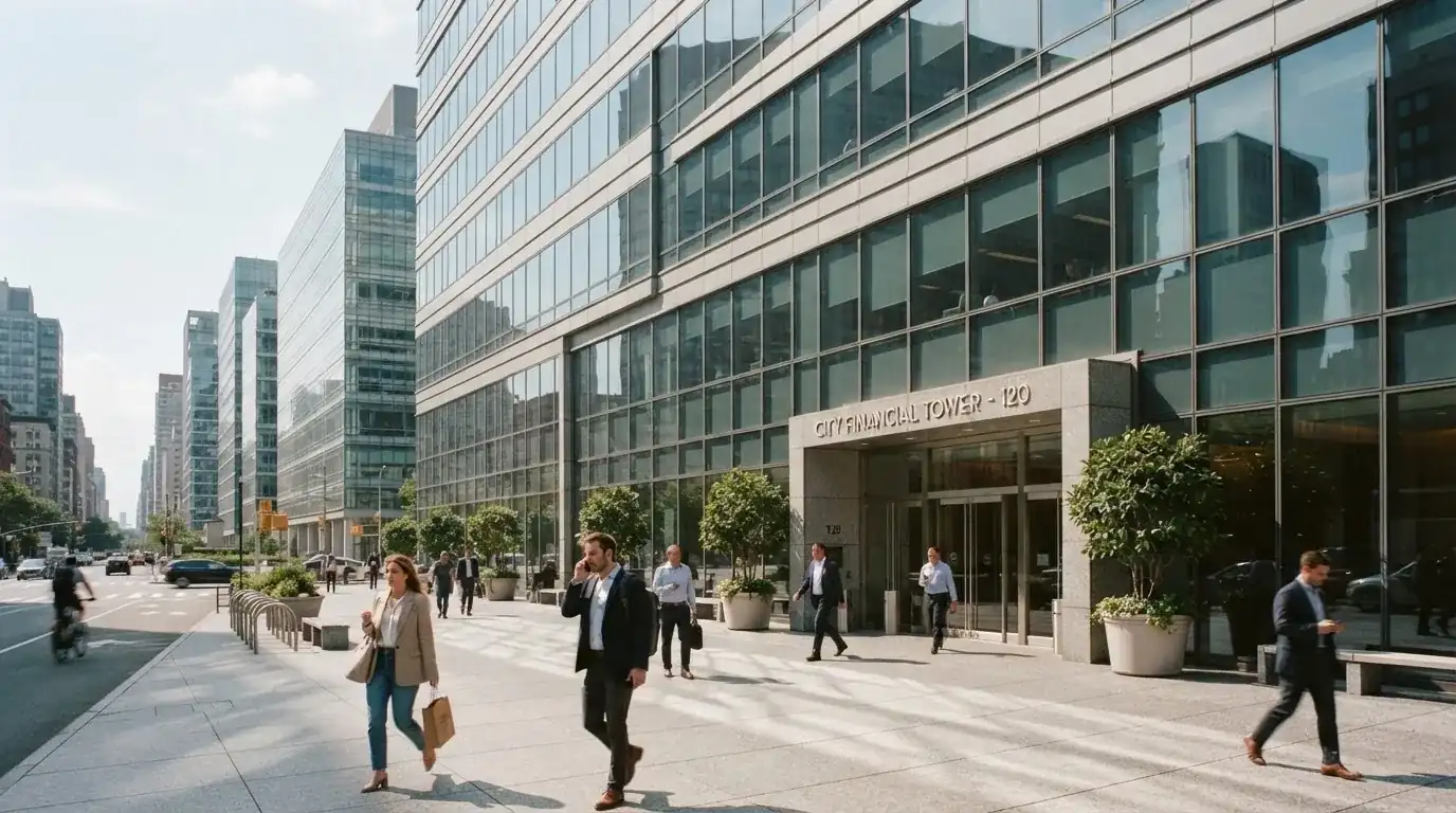 Edificio de oficinas moderno con fachada de cristal bajo un cielo despejado, gente caminando por la acera en una calle de ciudad.